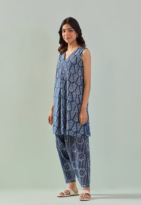 Indigo hand block printed kurta with bottoms - Tara - C - Tara