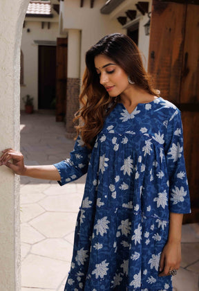 Indigo Hand Block Tiered Kurta Set - Tara-C-Tara