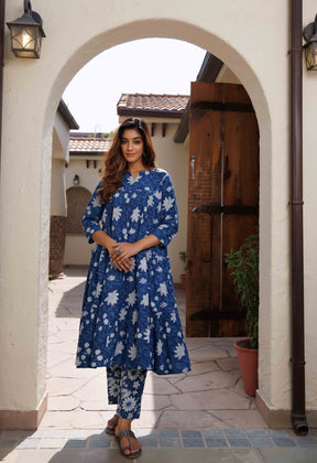 Indigo Hand Block Tiered Kurta Set - Tara-C-Tara