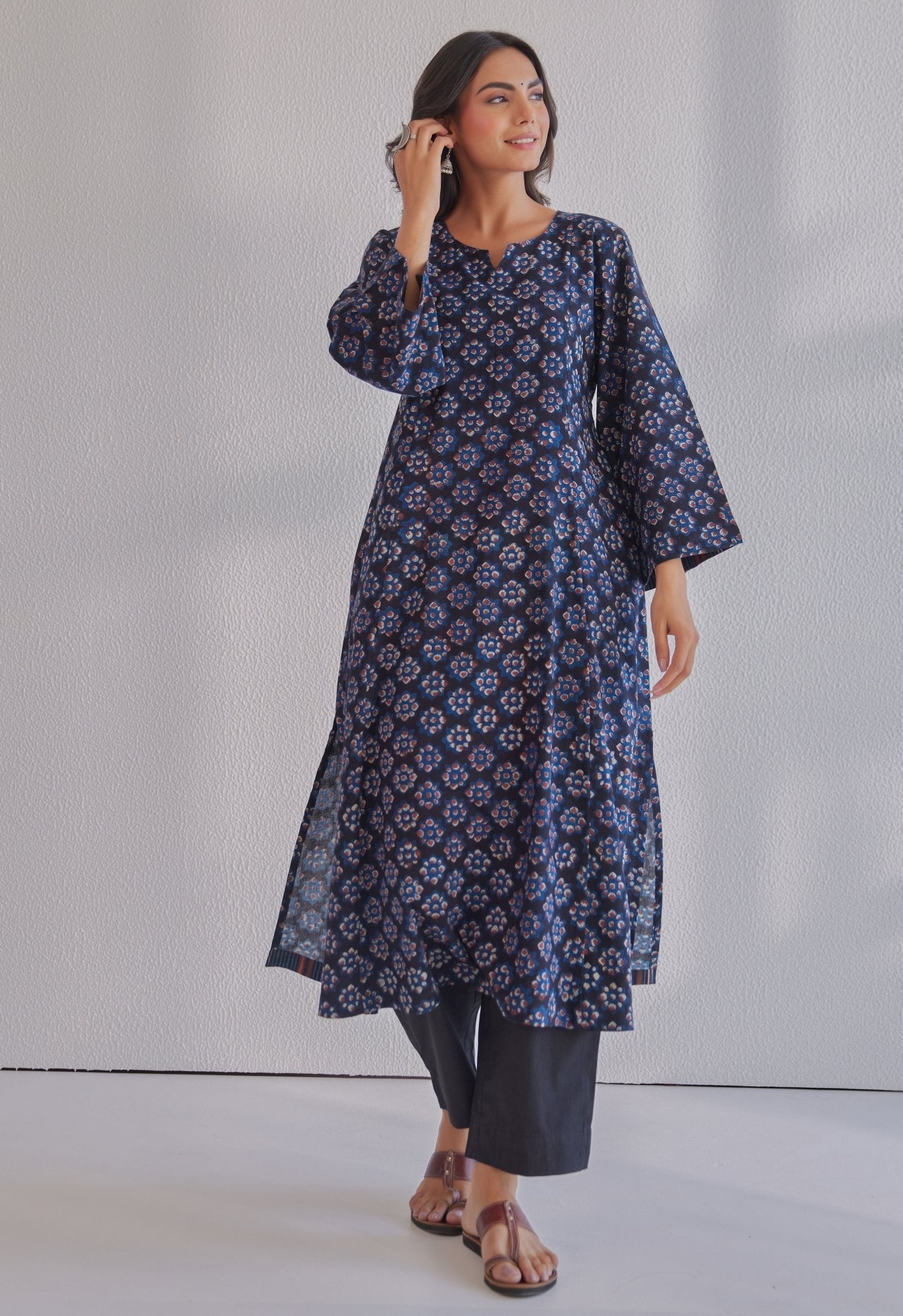 Indigo Jahota Hand Block Printed Cotton Kurta - Tara - C - Tara