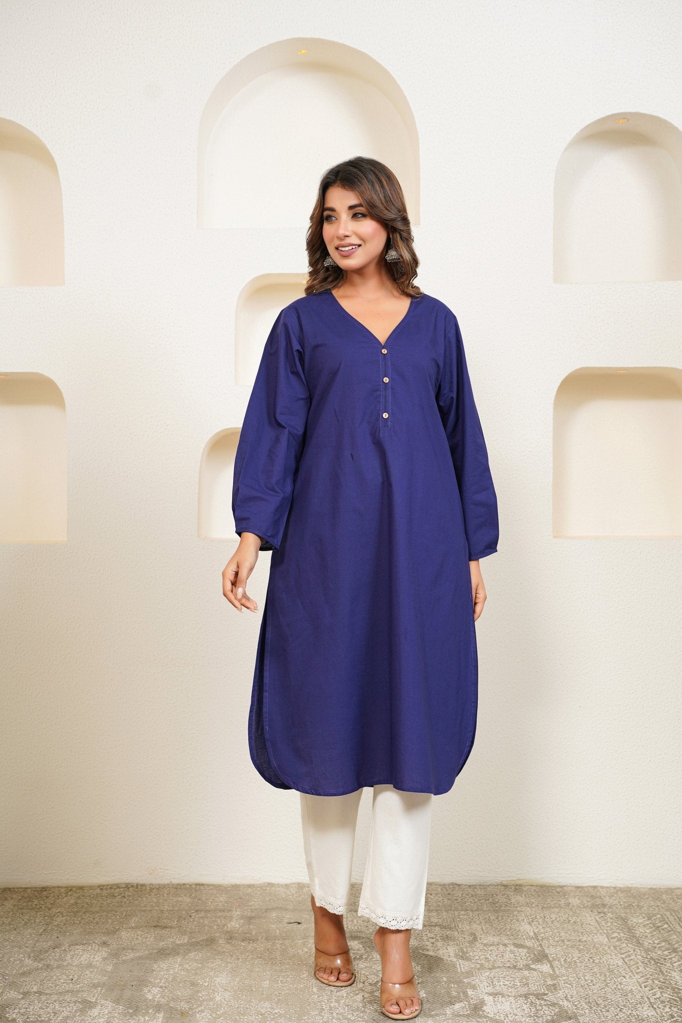 Ink Blue Premium Cotton Long Kurta - Tara - C - Tara