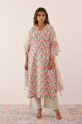 Ivory Chanderi Hand block Printed Suit Set With Dupatta - Tara - C - Tara