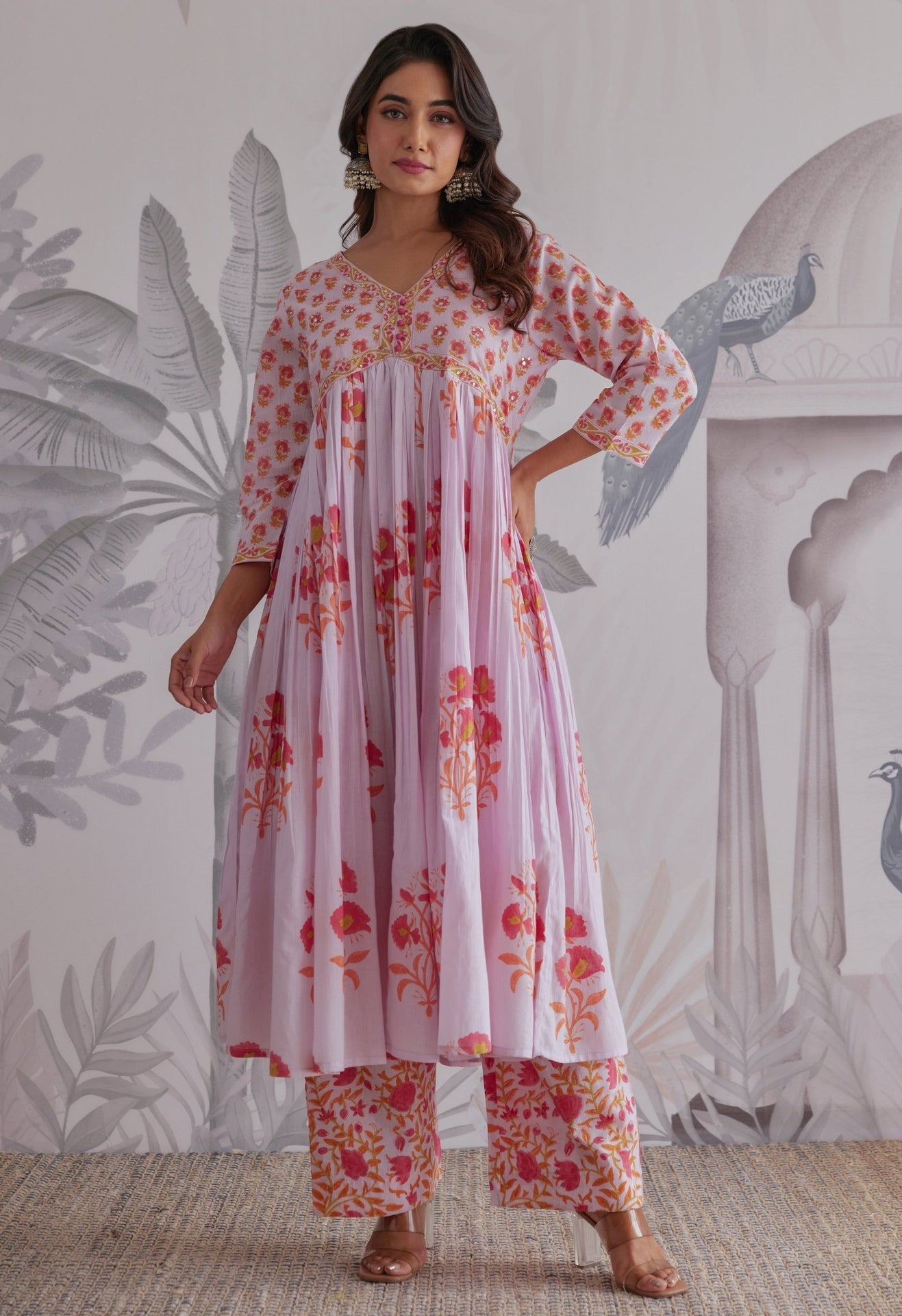 Lilac Floral Printed Anarkali Suit Set - Tara - C - Tara