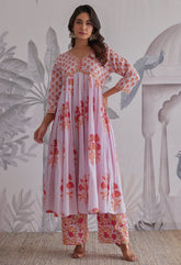 Lilac Floral Printed Anarkali Suit Set - Tara - C - Tara