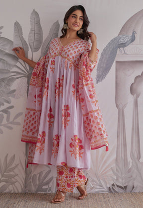 Lilac Floral Printed Anarkali Suit Set - Tara - C - Tara
