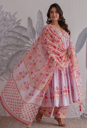 Lilac Floral Printed Anarkali Suit Set - Tara - C - Tara