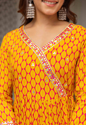 Marigold Yellow and fuchsia pink eye printed tiered dress with palazzo and organza dupatta (3pc set) - Tara-C-Tara