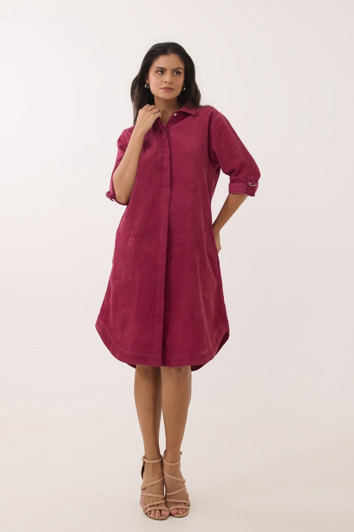 Maroon Corduroy Shirt Dress - Tara - C - Tara