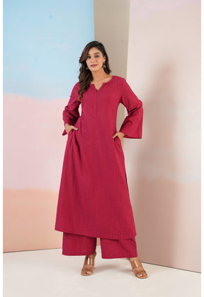 Maroon Cotton Self Stripped Coord Set - Tara - C - Tara