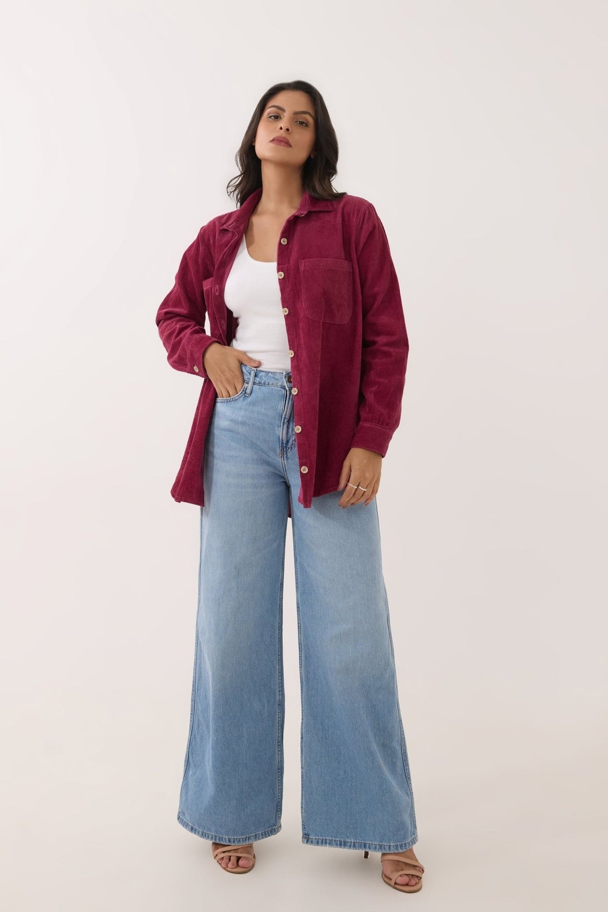 Maroon Oversized Corduroy Shirt - Tara - C - Tara