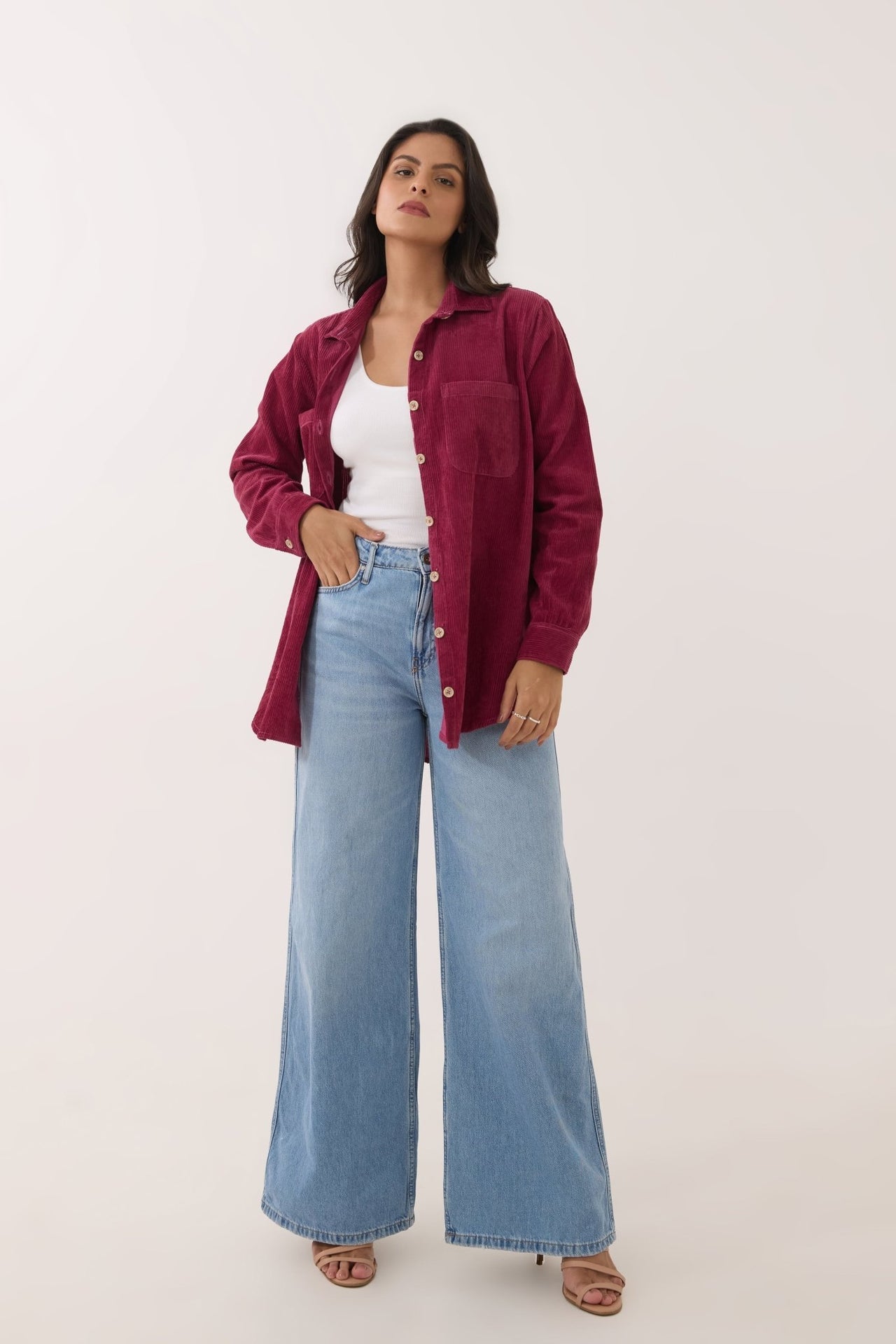 Maroon Oversized Corduroy Shirt - Tara - C - Tara