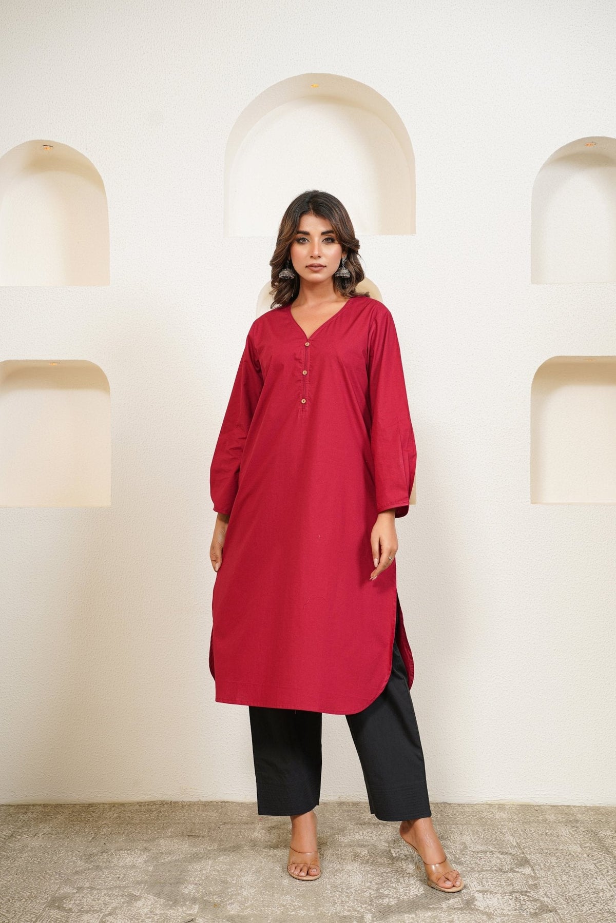 Maroon Premium Cotton Long Kurta - Tara - C - Tara