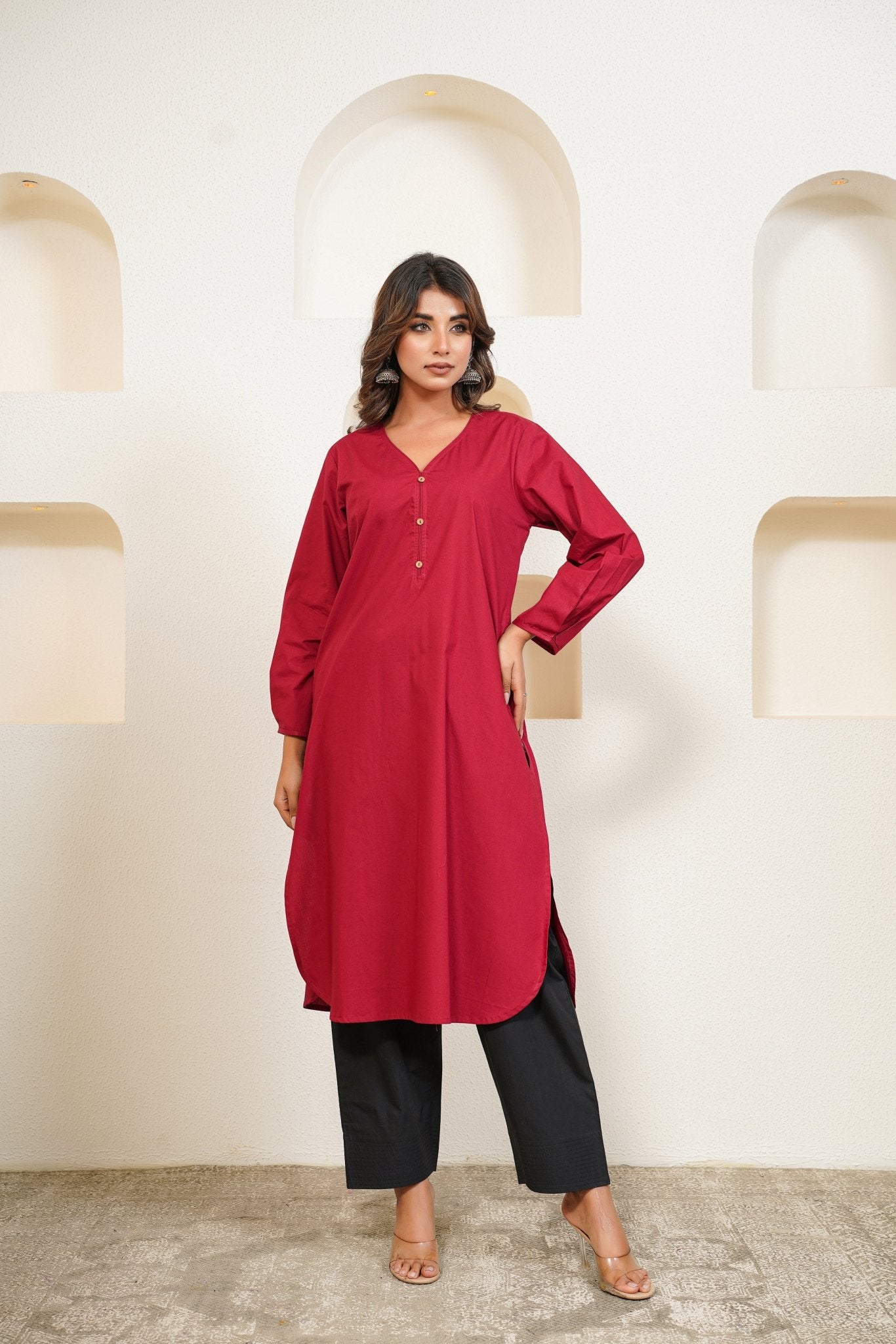 Maroon Premium Cotton Long Kurta - Tara - C - Tara