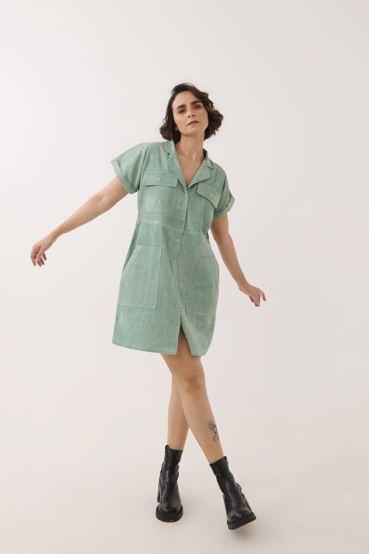 Mint Green Corduroy Utility Shirt Dress - Tara - C - Tara
