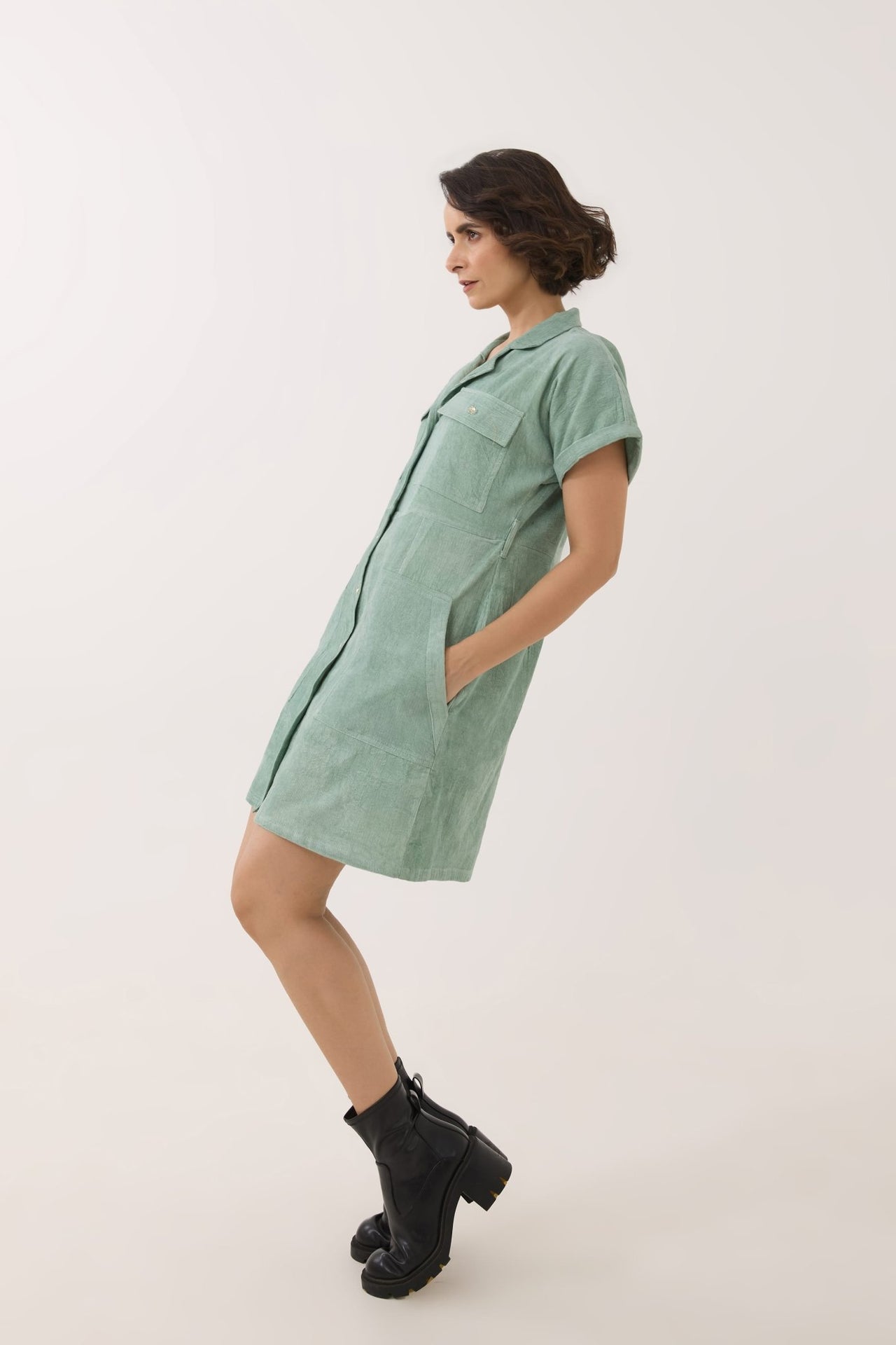 Mint Green Corduroy Utility Shirt Dress - Tara - C - Tara