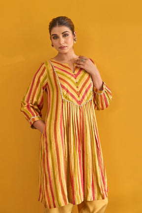 Mustard and Pink Hand Block Printed Kurta with Solid Pant - Tara - C - Tara