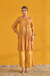 Mustard and Pink Hand Block Printed Kurta with Solid Pant - Tara - C - Tara