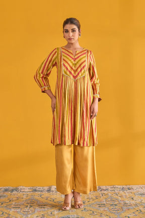 Mustard and Pink Hand Block Printed Kurta with Solid Pant - Tara - C - Tara