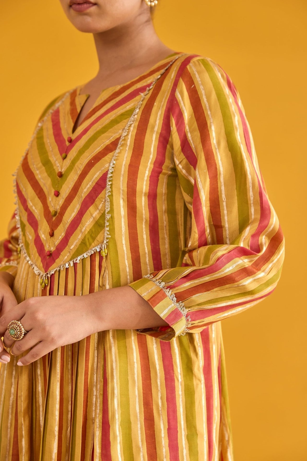 Mustard and Pink Hand Block Printed Kurta with Solid Pant - Tara - C - Tara