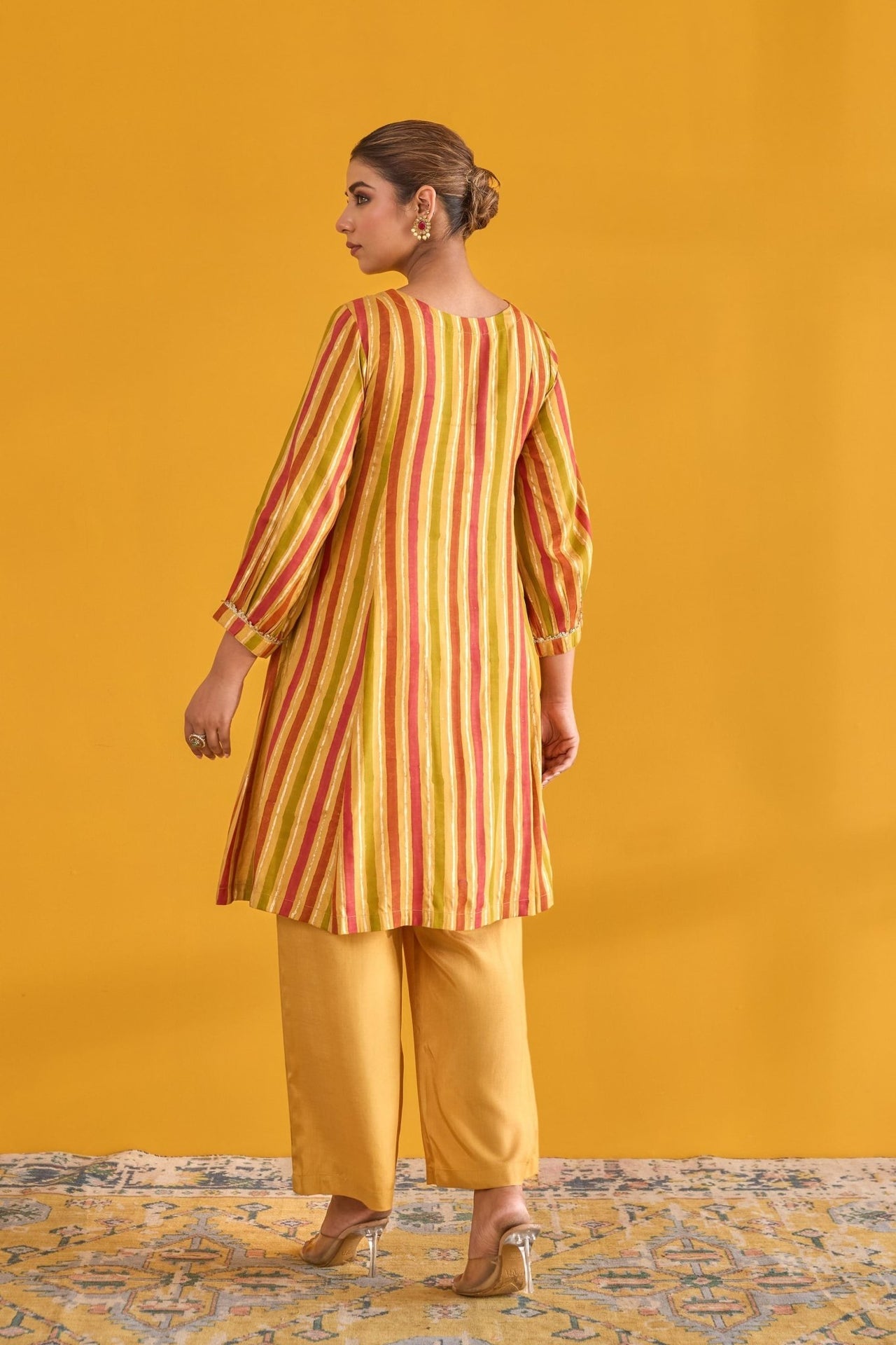 Mustard and Pink Hand Block Printed Kurta with Solid Pant - Tara - C - Tara