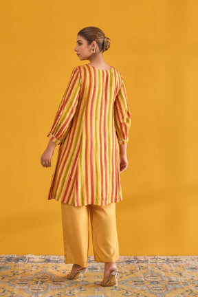 Mustard and Pink Hand Block Printed Kurta with Solid Pant - Tara - C - Tara