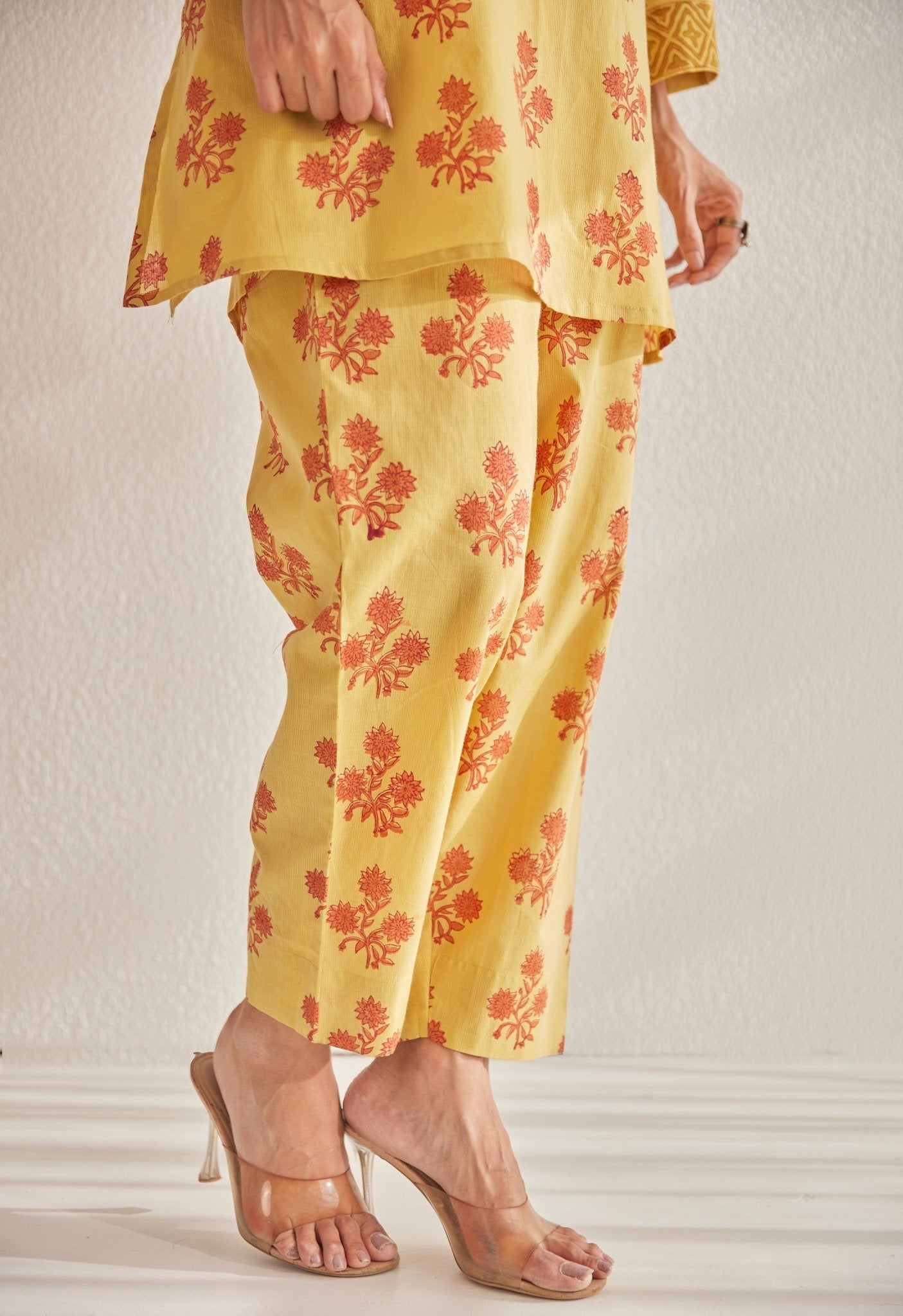 Mustard Floral Buti Hand Block Printed Coord Set - Tara - C - Tara