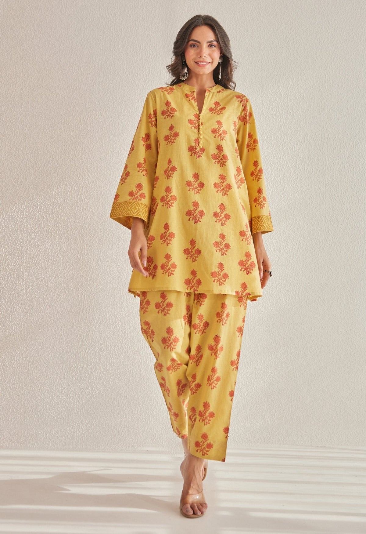 Mustard Floral Buti Hand Block Printed Coord Set - Tara - C - Tara