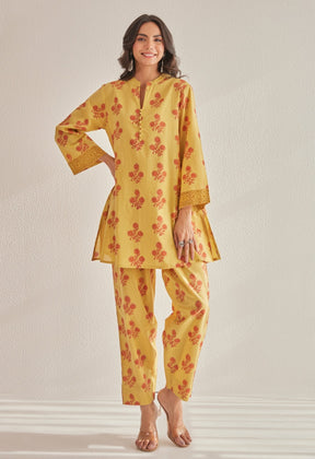 Mustard Floral Buti Hand Block Printed Coord Set - Tara - C - Tara