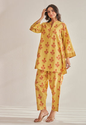 Mustard Floral Buti Hand Block Printed Coord Set - Tara - C - Tara