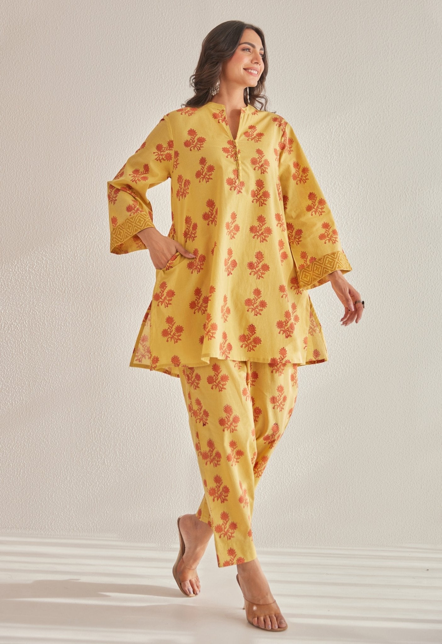 Mustard Floral Buti Hand Block Printed Coord Set - Tara - C - Tara