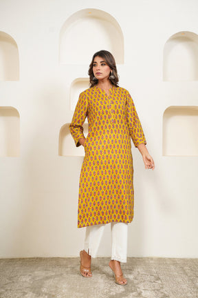 Mustard Floral Buti Printed Kurta - Tara - C - Tara