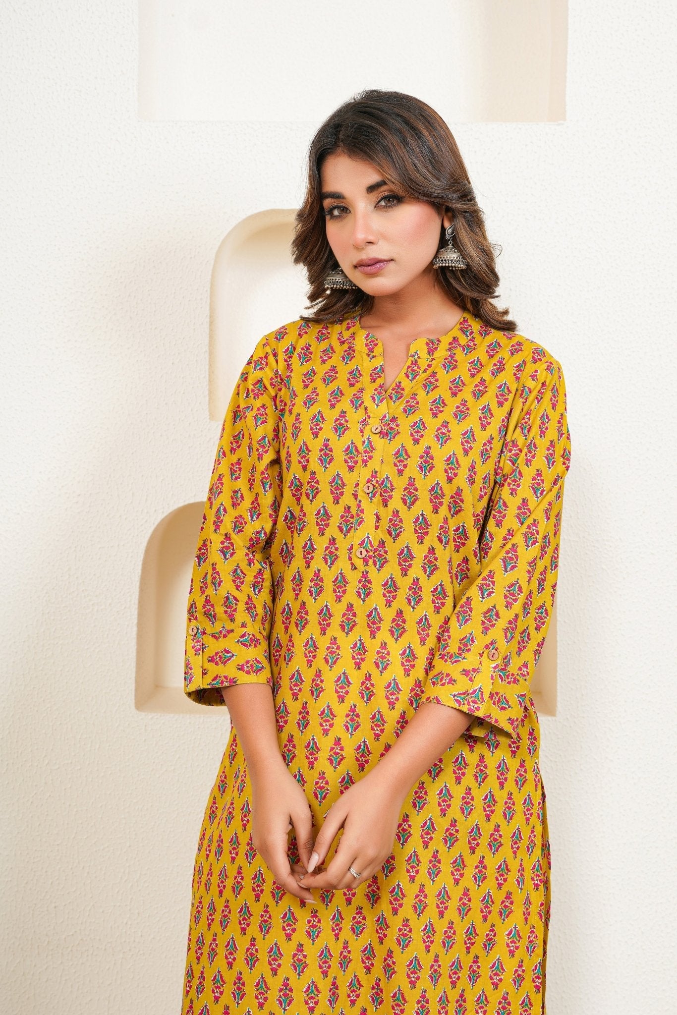 Mustard Floral Buti Printed Kurta - Tara - C - Tara