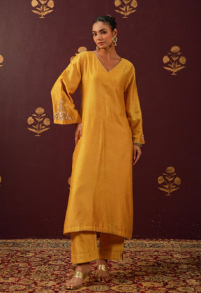 Mustard Majesty: Hand - Embroidered Chanderi Suit Set with Lace - Trimmed Dupatta - Tara - C - Tara