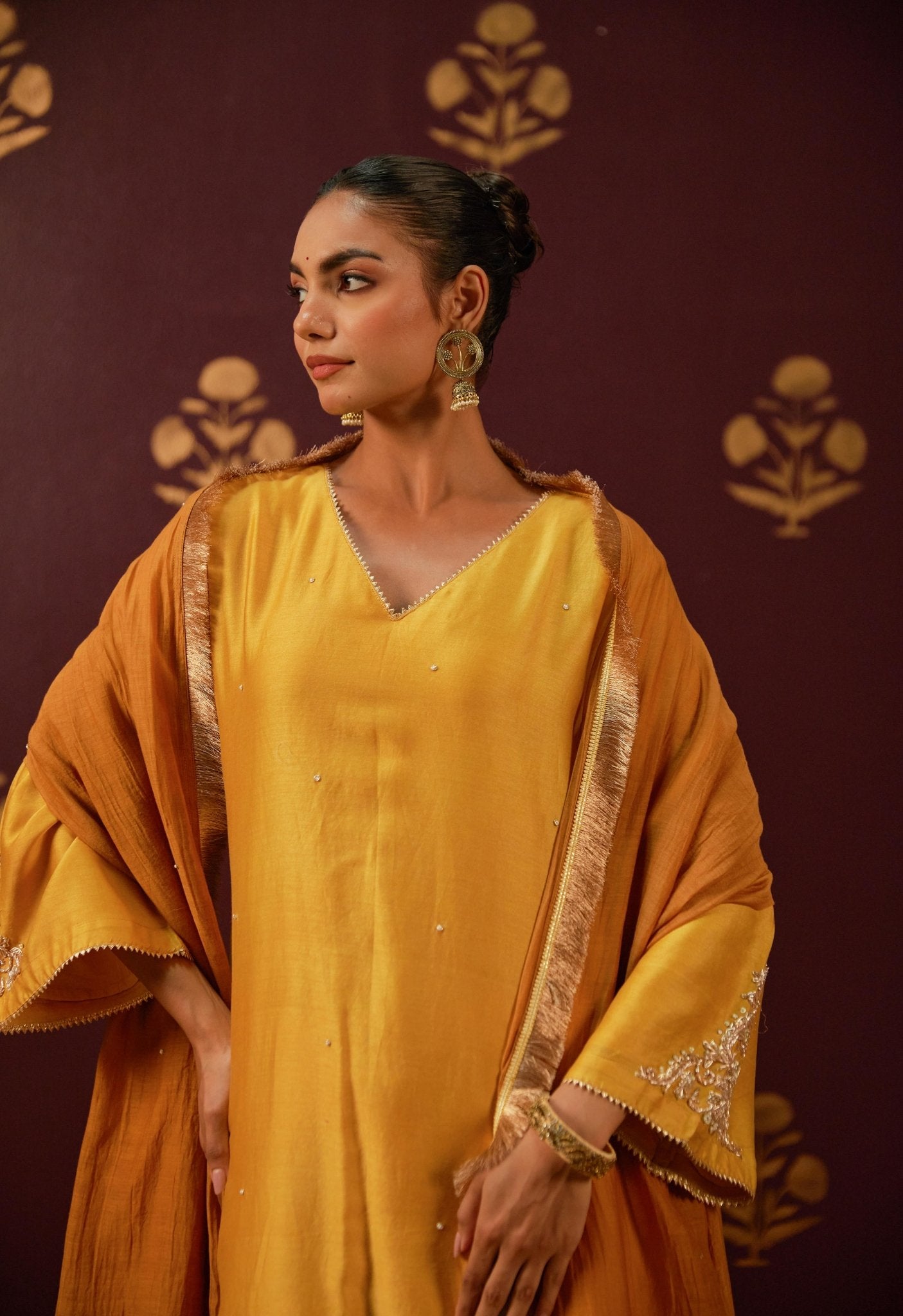 Mustard Majesty: Hand - Embroidered Chanderi Suit Set with Lace - Trimmed Dupatta - Tara - C - Tara