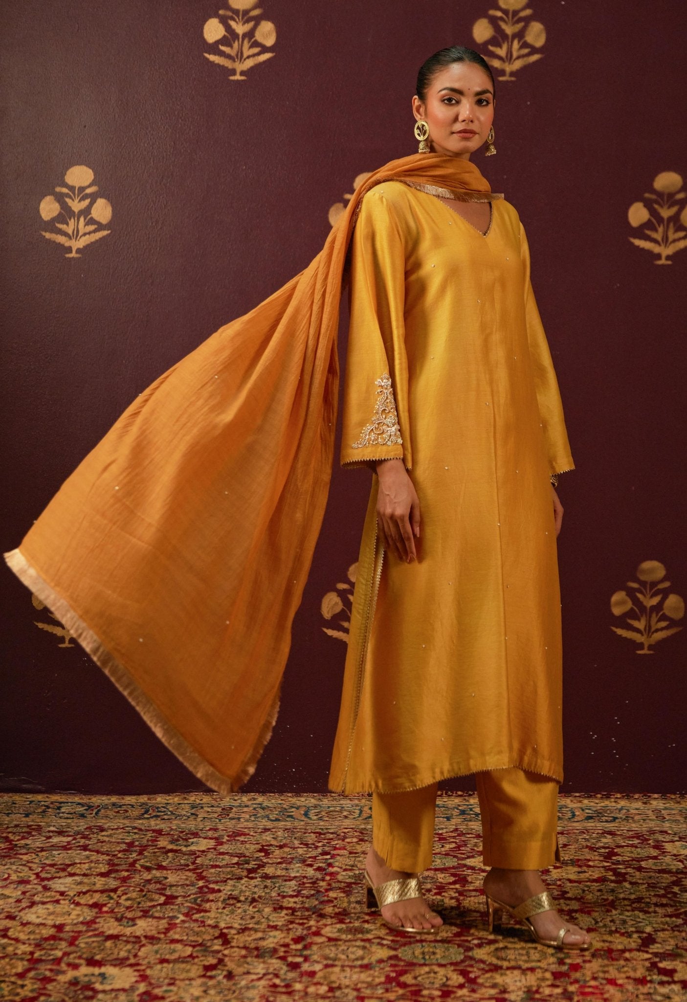 Mustard Majesty: Hand - Embroidered Chanderi Suit Set with Lace - Trimmed Dupatta - Tara - C - Tara