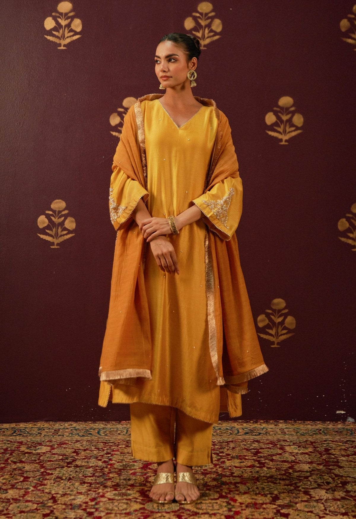 Mustard Majesty: Hand - Embroidered Chanderi Suit Set with Lace - Trimmed Dupatta - Tara - C - Tara