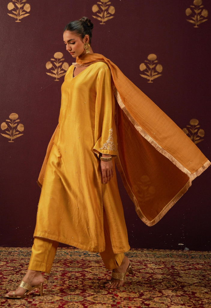 Mustard Majesty: Hand - Embroidered Chanderi Suit Set with Lace - Trimmed Dupatta - Tara - C - Tara