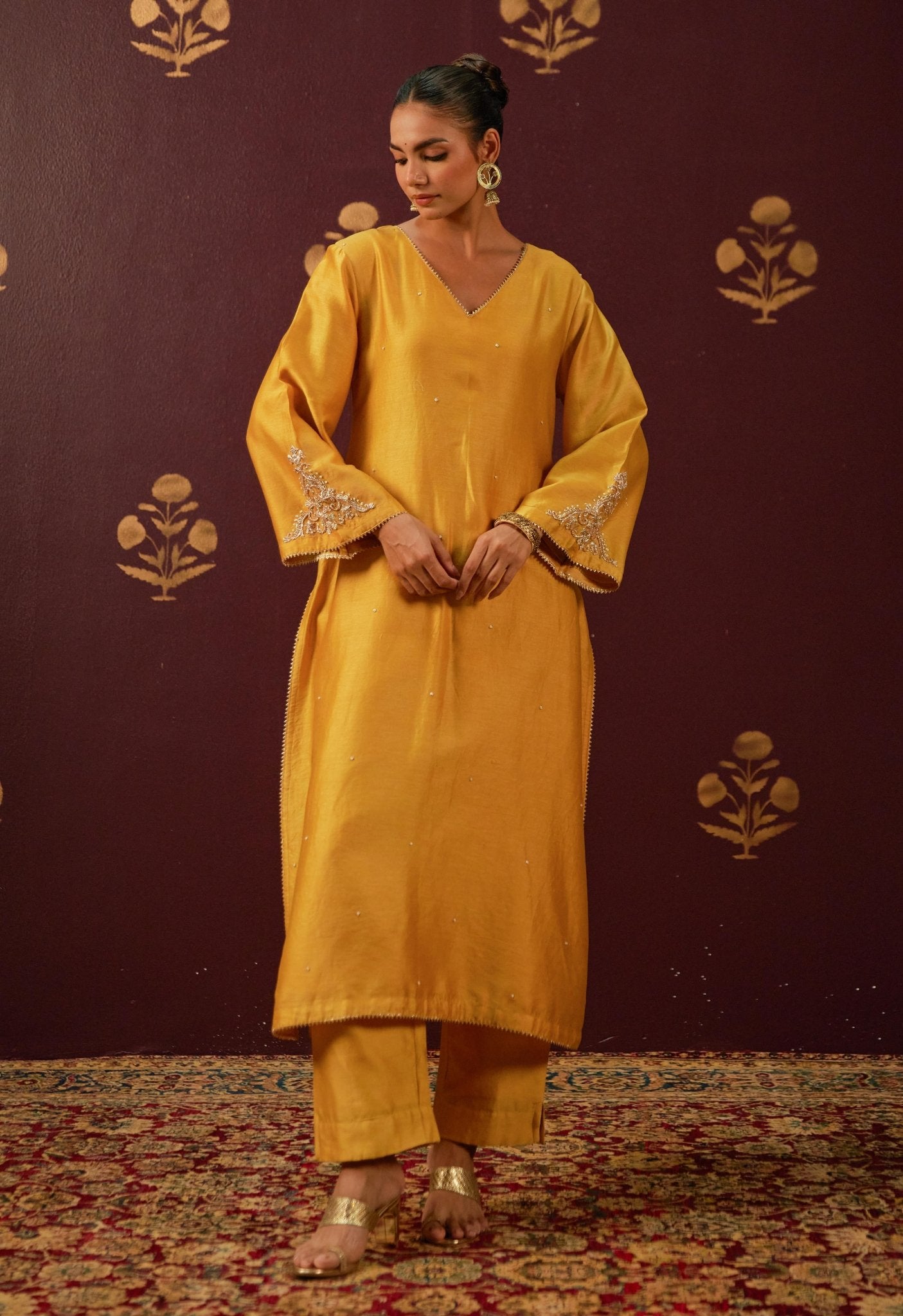 Mustard Majesty: Hand - Embroidered Chanderi Suit Set with Lace - Trimmed Dupatta - Tara - C - Tara