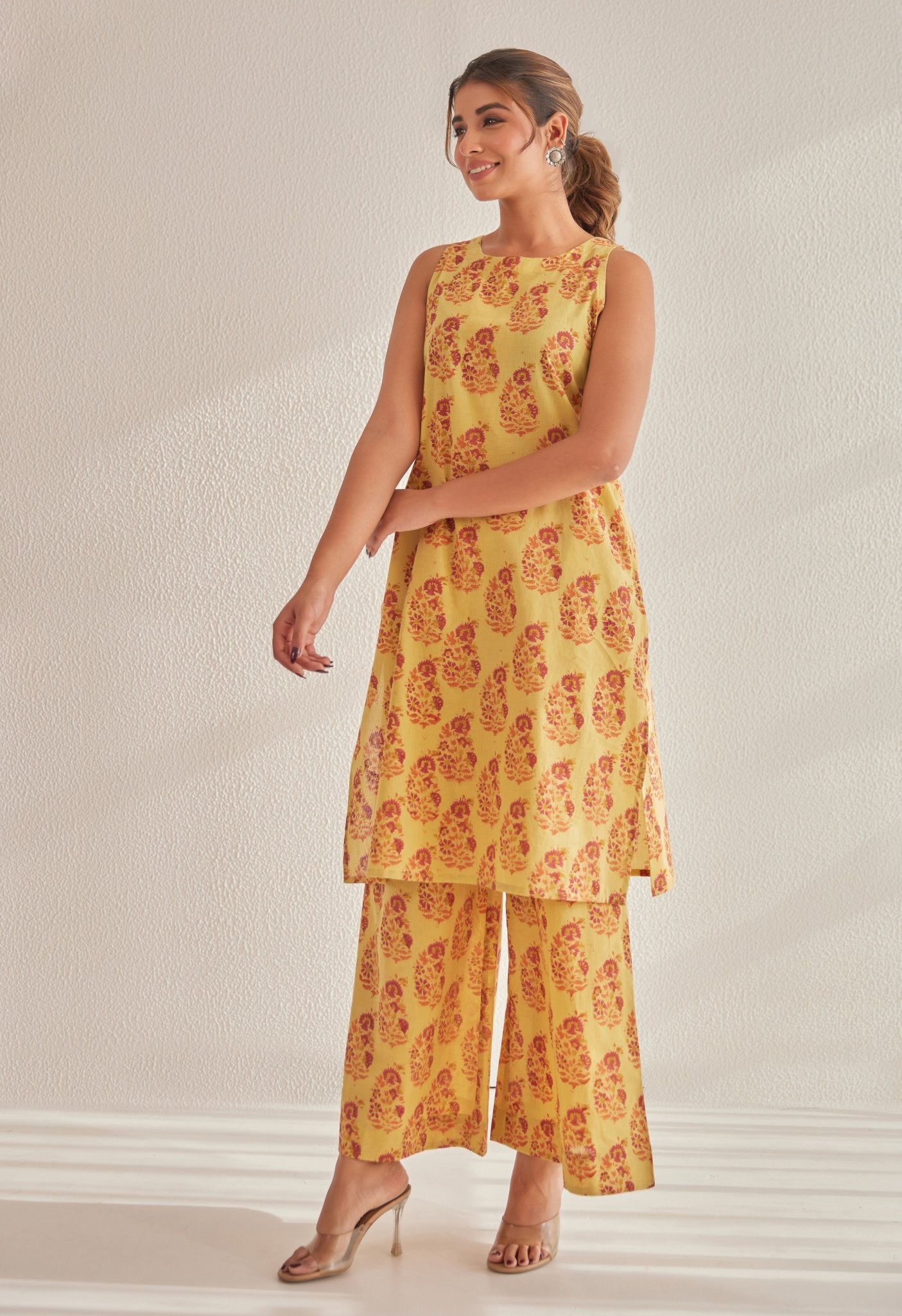 Mustard Off Sleeves floral Buta Hand Block Printed Coord Set - Tara - C - Tara