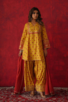 Mustard Polka Dot Farshi Salwar Suit Set With Dupatta - Tara - C - Tara