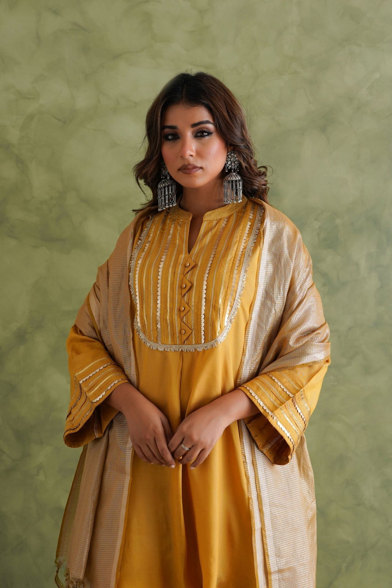 Mustard Yellow Farshi Salwar Suit Set With Dupatta - Tara - C - Tara