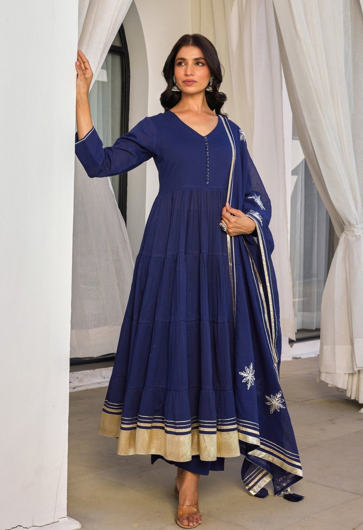 Navy Blue Cotton Mulmul Tiered kurta Set With Dupatta - Tara - C - Tara