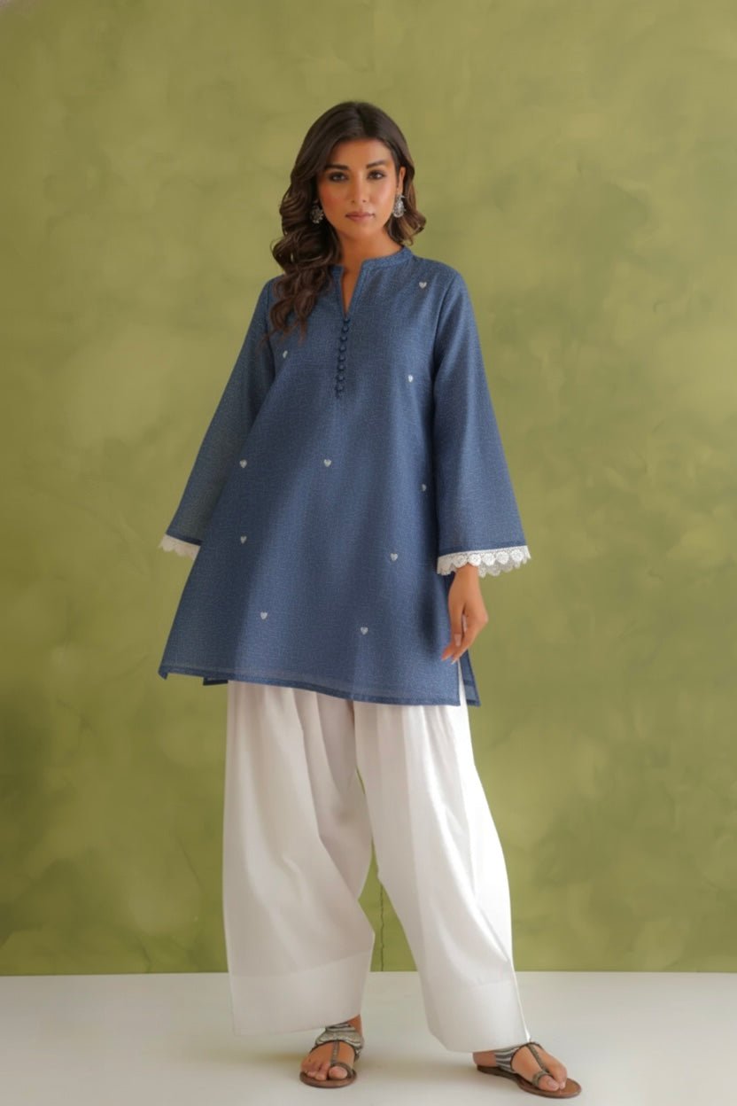 Navy Blue Doriya Sweet Heart Kurta With farshi Salwar - Tara - C - Tara