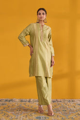 Olive Green Hand Block Printed Chanderi Coord Set - Tara - C - Tara