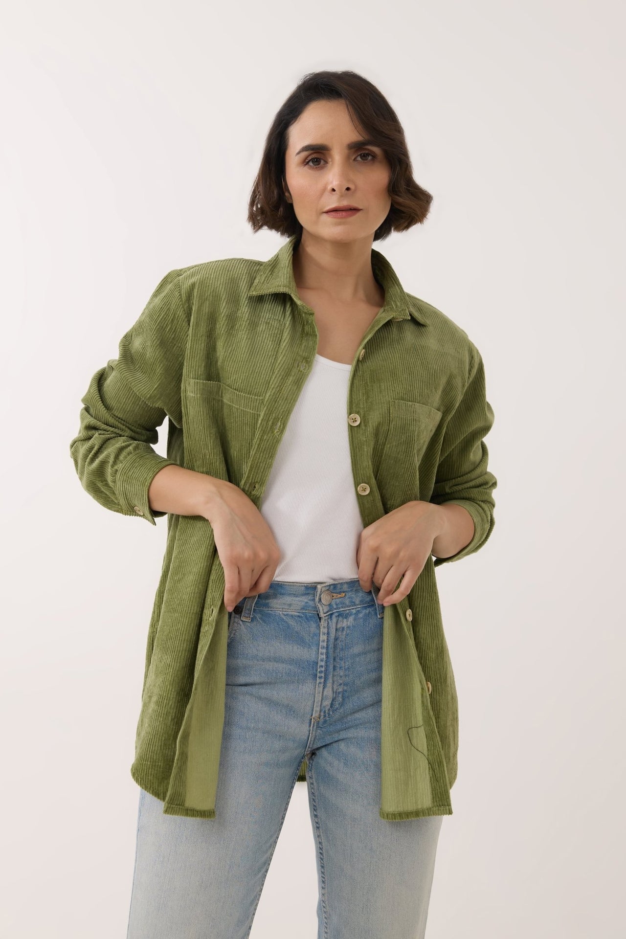 Olive Green Oversized Corduroy Shirt - Tara - C - Tara