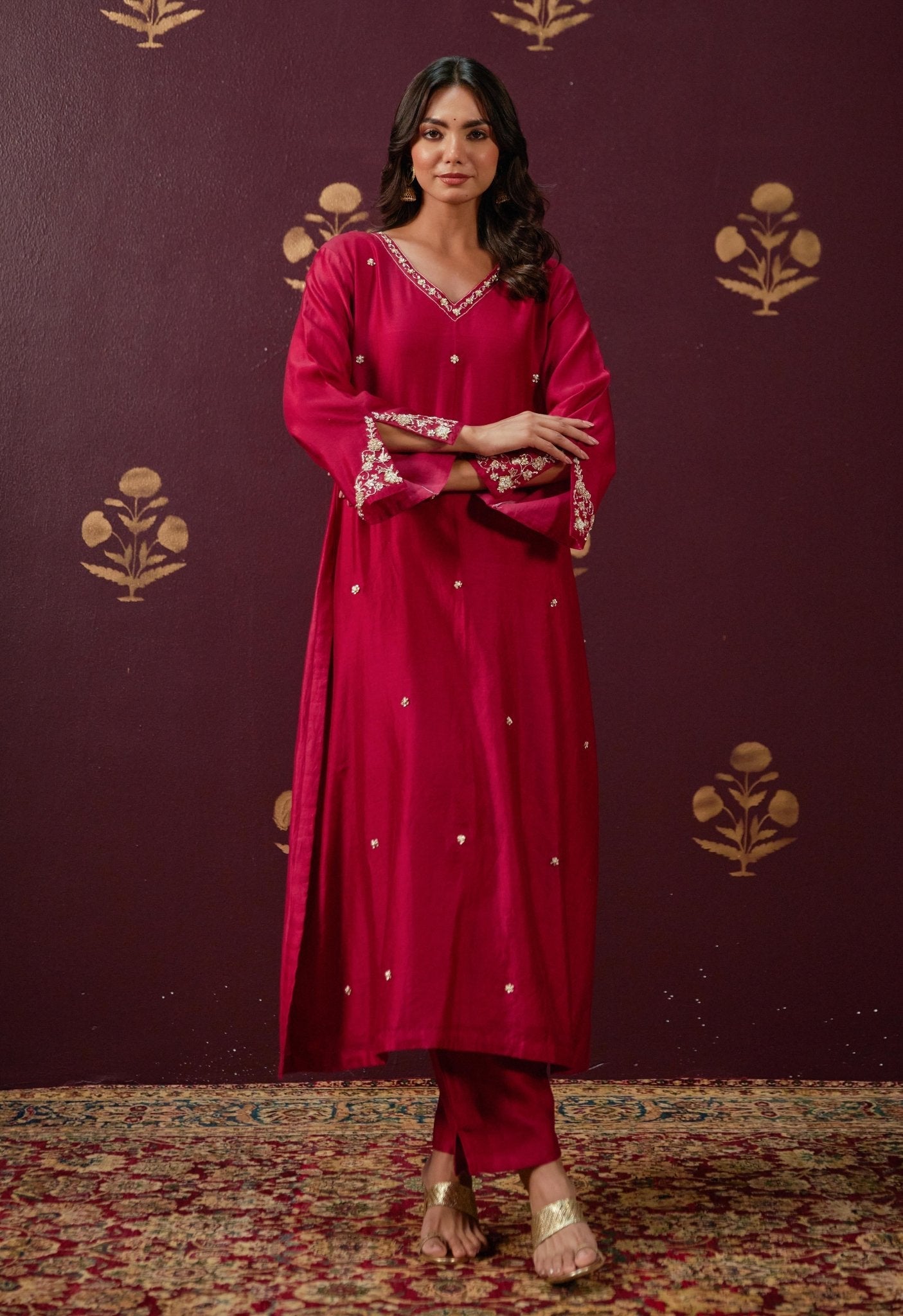 Opulent Maroon: Chanderi V - Neck Kurta Set with All - Over Embroidery and Chanderi mul Dupatta - Tara - C - Tara