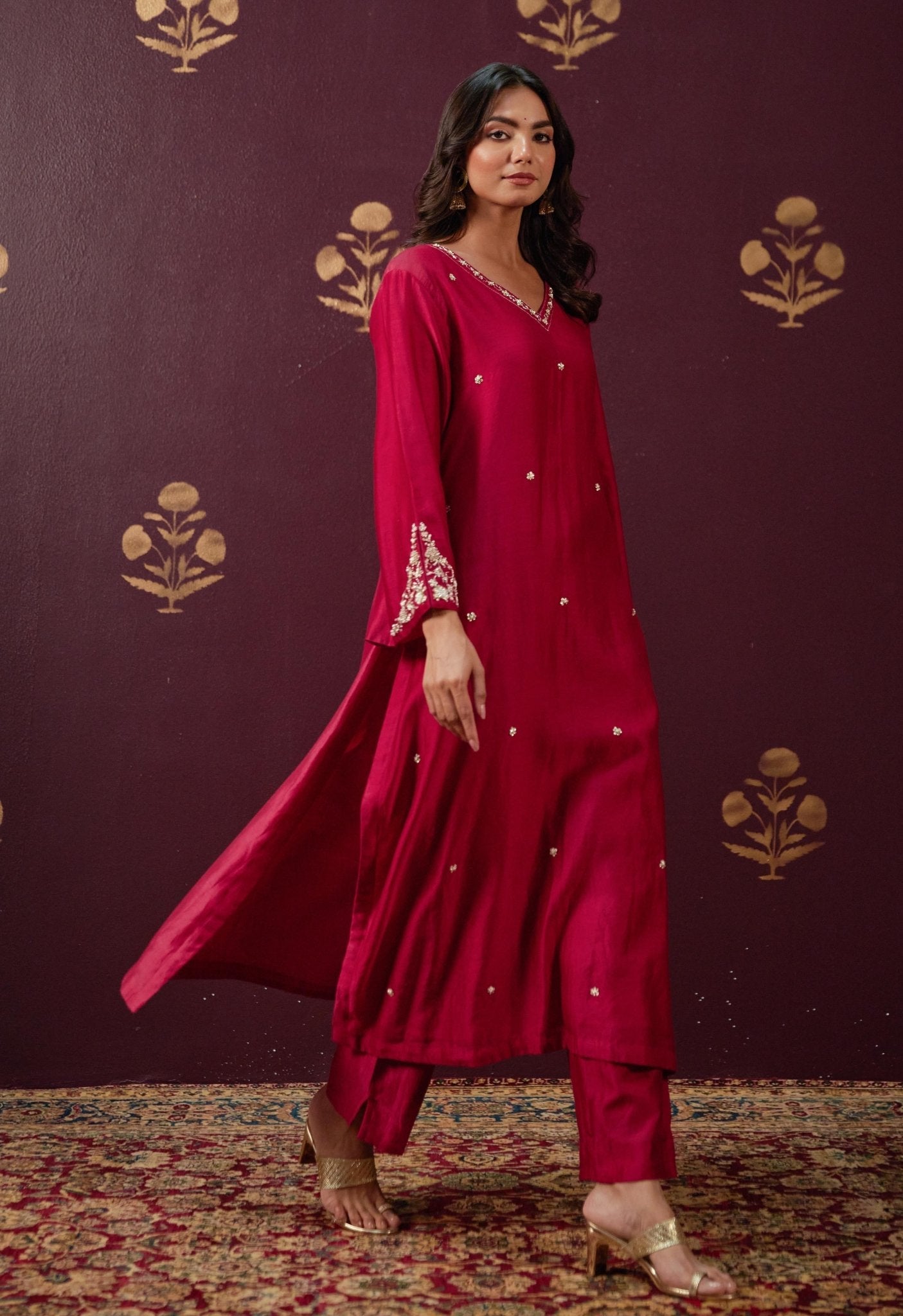 Opulent Maroon: Chanderi V - Neck Kurta Set with All - Over Embroidery and Chanderi mul Dupatta - Tara - C - Tara