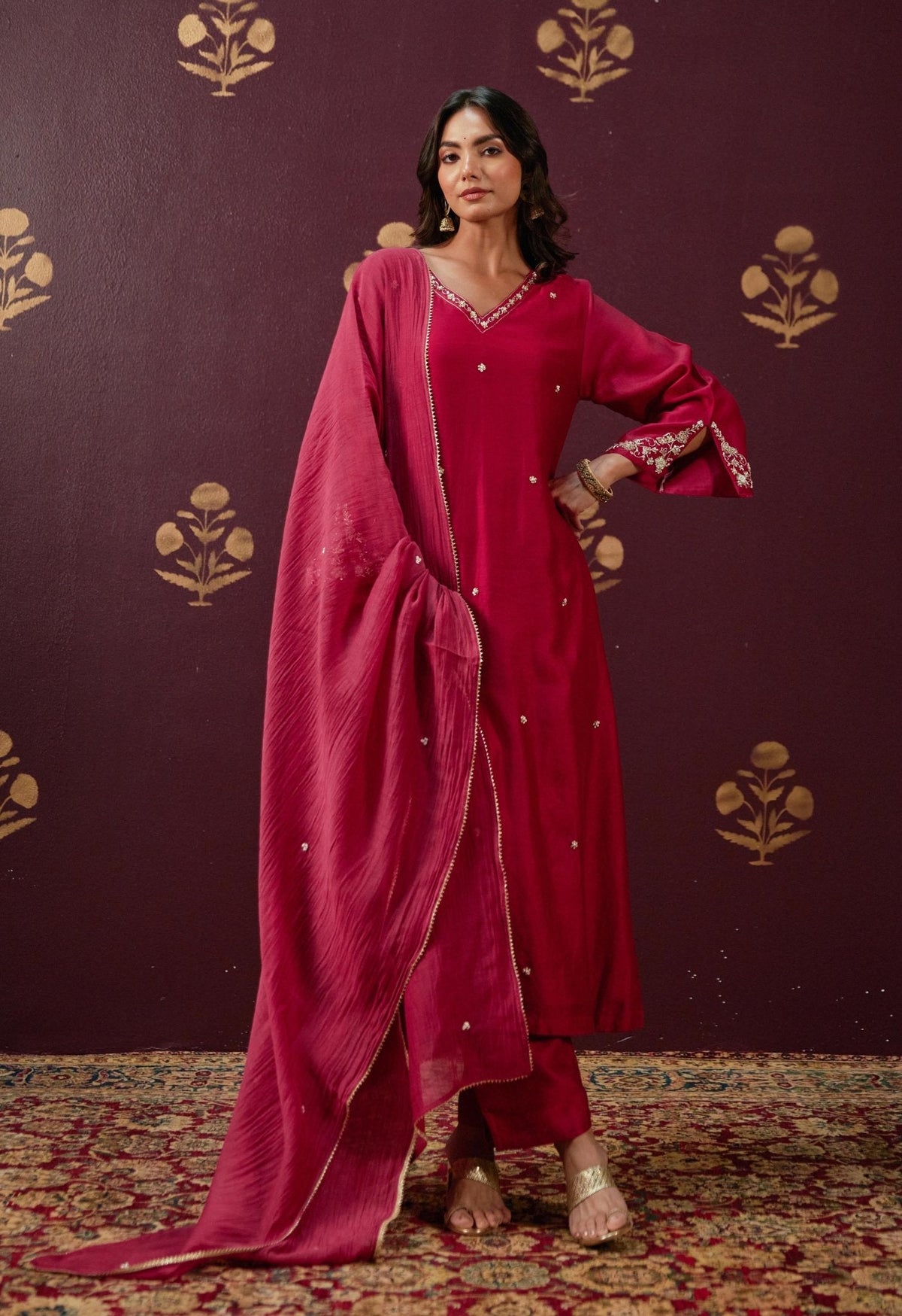 Opulent Maroon: Chanderi V - Neck Kurta Set with All - Over Embroidery and Chanderi mul Dupatta - Tara - C - Tara