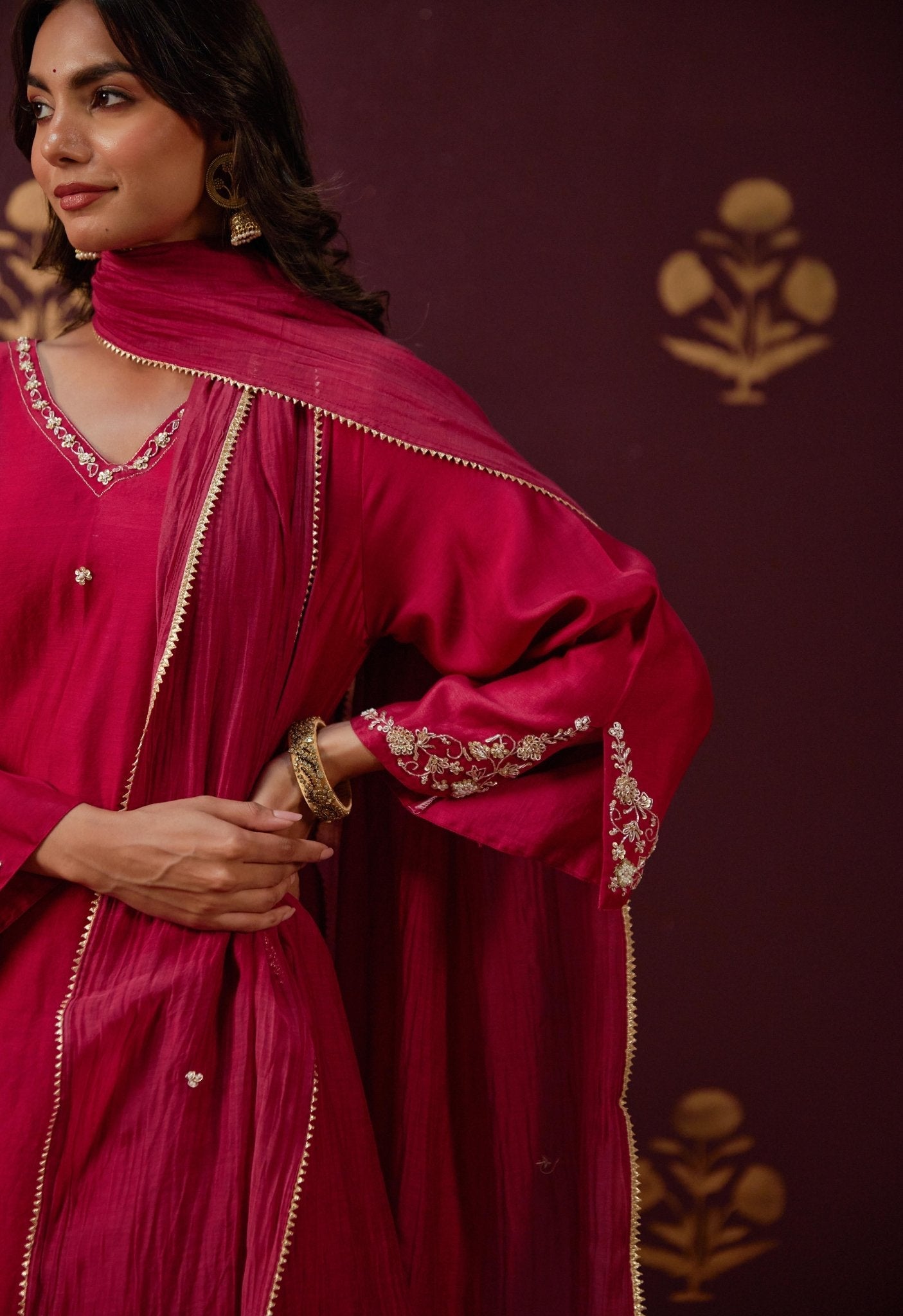 Opulent Maroon: Chanderi V - Neck Kurta Set with All - Over Embroidery and Chanderi mul Dupatta - Tara - C - Tara