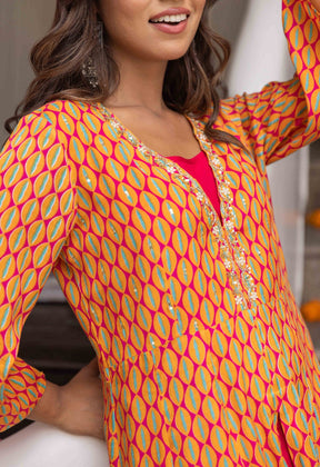 Orange and fuchsia Pink Eye printed Jacket with Palazzo and Crop top - Tara-C-Tara